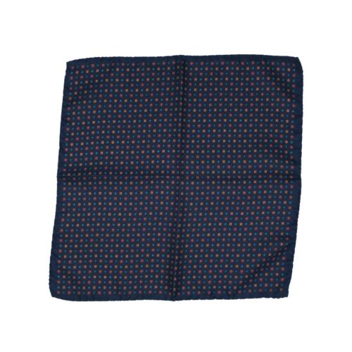 Fazzoletto da taschino in seta twill blu scuro micro fantasia geometrica rossa e verde