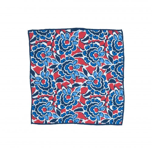 Fazzoletto da taschino in seta twill blu micro fantasia floreale bianca rossa e azzurra