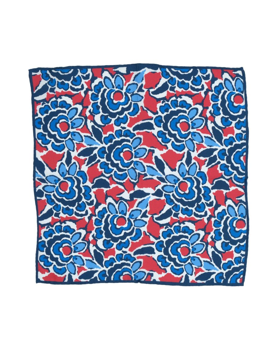 Fazzoletto da taschino in seta twill blu micro fantasia floreale bianca rossa e azzurra