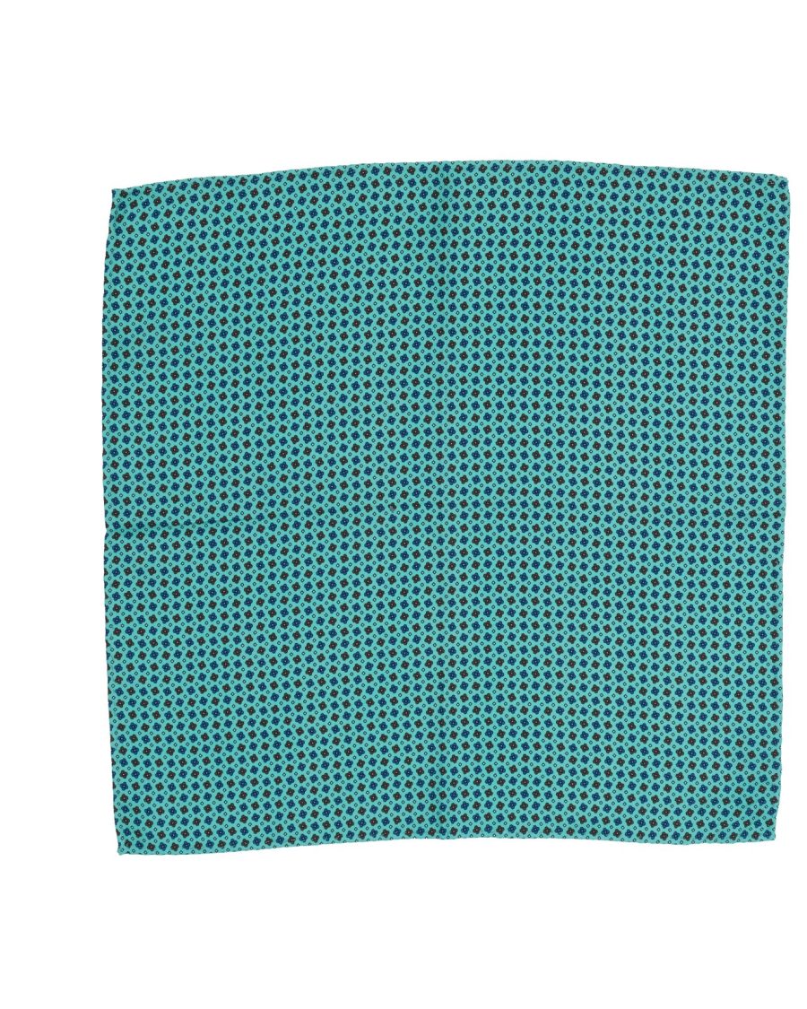 Fazzoletto da taschino in seta twill verde acqua micro fantasia floreale blu e rossa