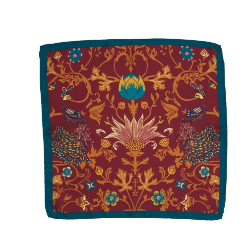Fazzoletto da taschino in seta twill bordeaux micro fantasia floreale arancio