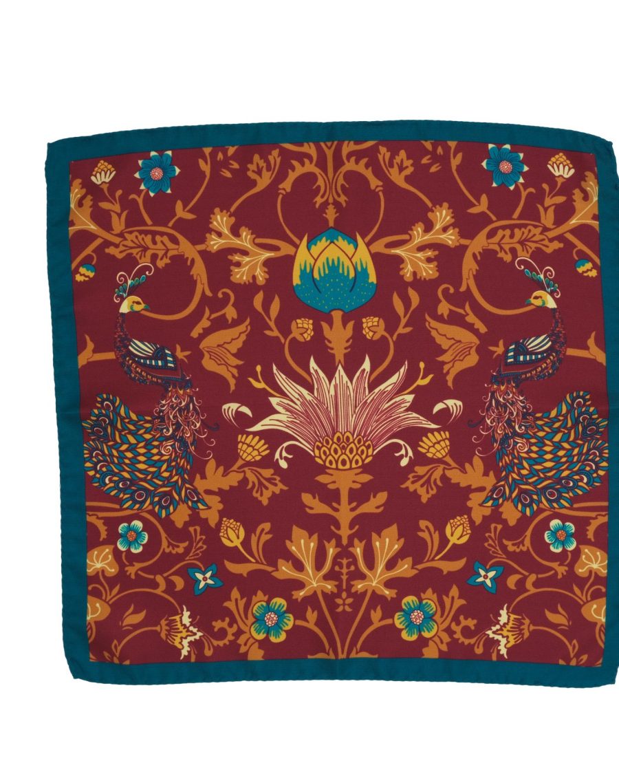 Fazzoletto da taschino in seta twill bordeaux micro fantasia floreale arancio