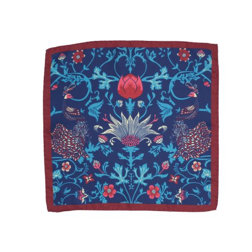 Fazzoletto da taschino in seta twill blu micro fantasia floreale bordeaux