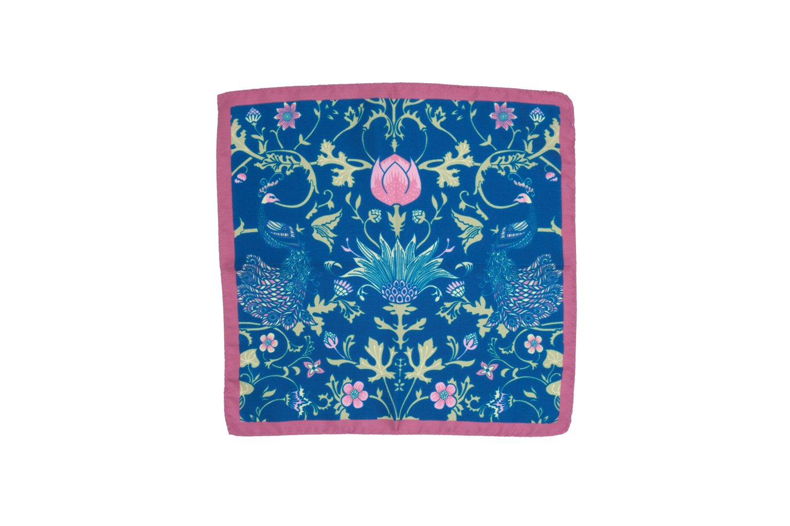 Fazzoletto da taschino in seta twill blu micro fantasia floreale verde e rosa