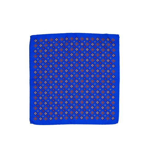 Fazzoletto da taschino in seta twill blu chiaro micro fantasia floreale rossa e azzurra