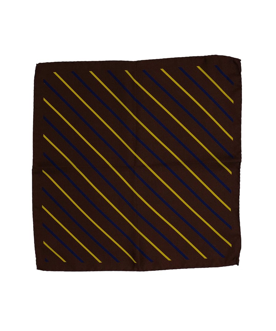 Fazzoletto da taschino in seta twill marrone con righe gialle e blu