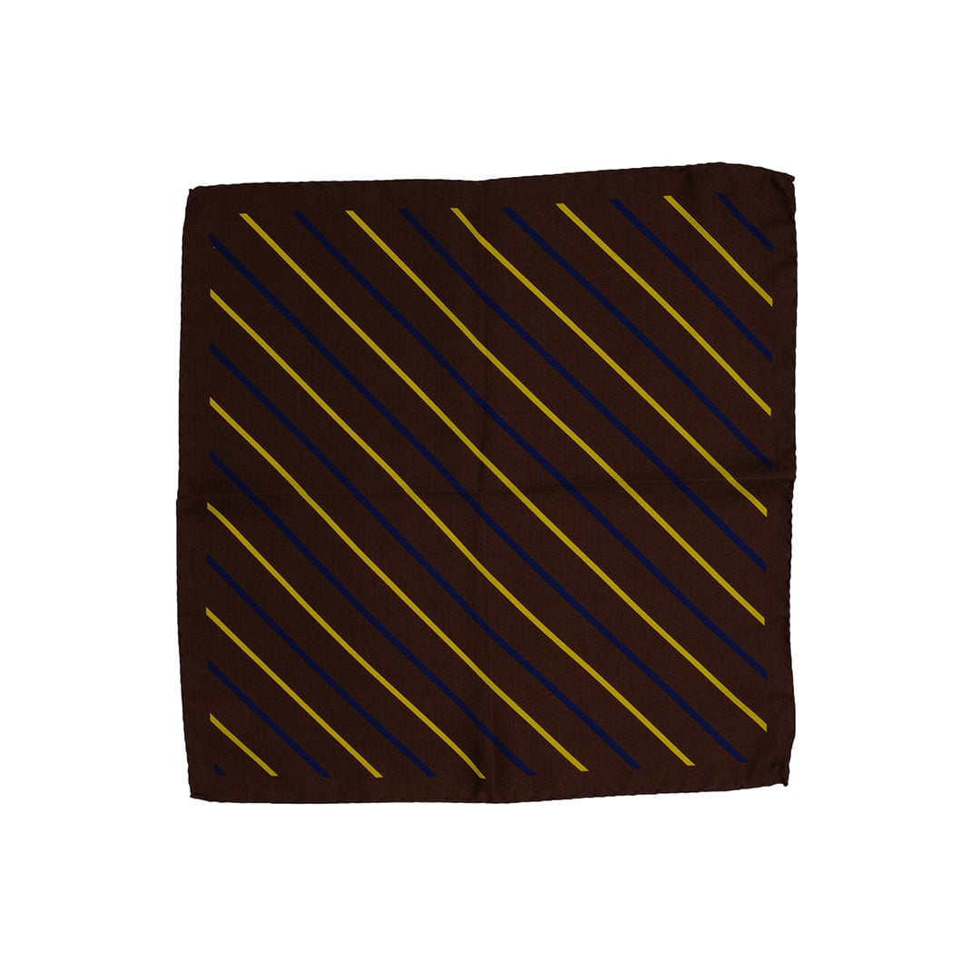 Fazzoletto da taschino in seta twill marrone con righe gialle e blu