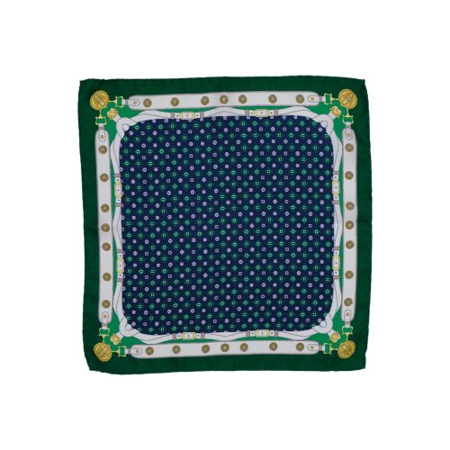 Fazzoletto da taschino in seta twill blu micro fantasia floreale verde e bianca