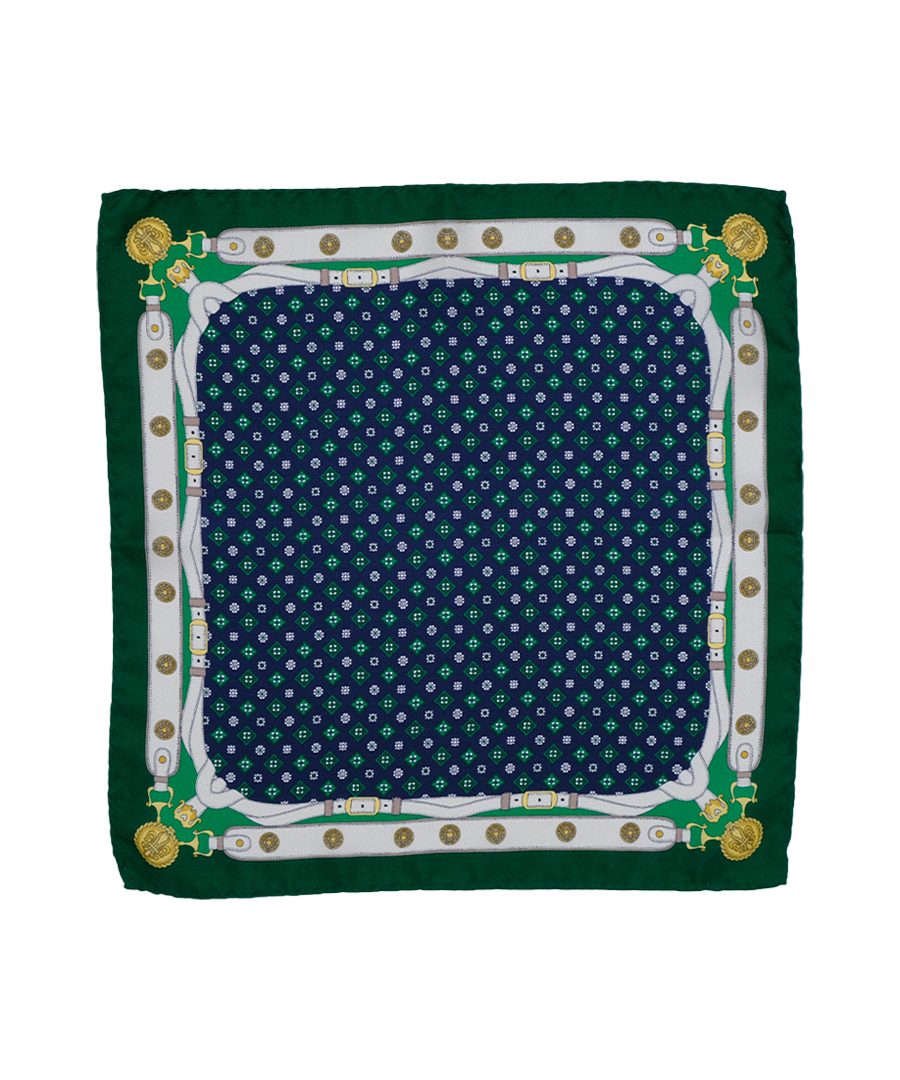 Fazzoletto da taschino in seta twill blu micro fantasia floreale verde e bianca