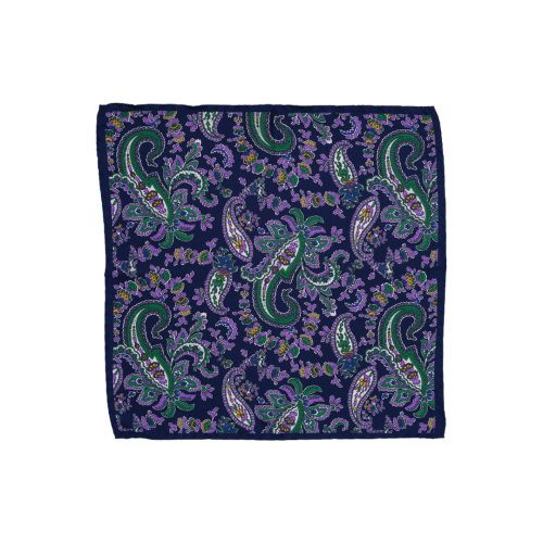 Fazzoletto da taschino in seta twill blu scuro micro fantasia cashmere verde e viola