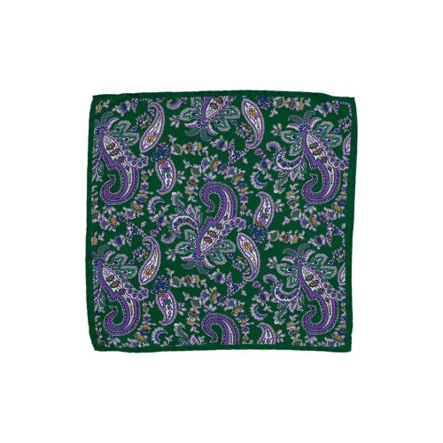 Fazzoletto da taschino in seta twill verde micro fantasia cashmere viola e bianca