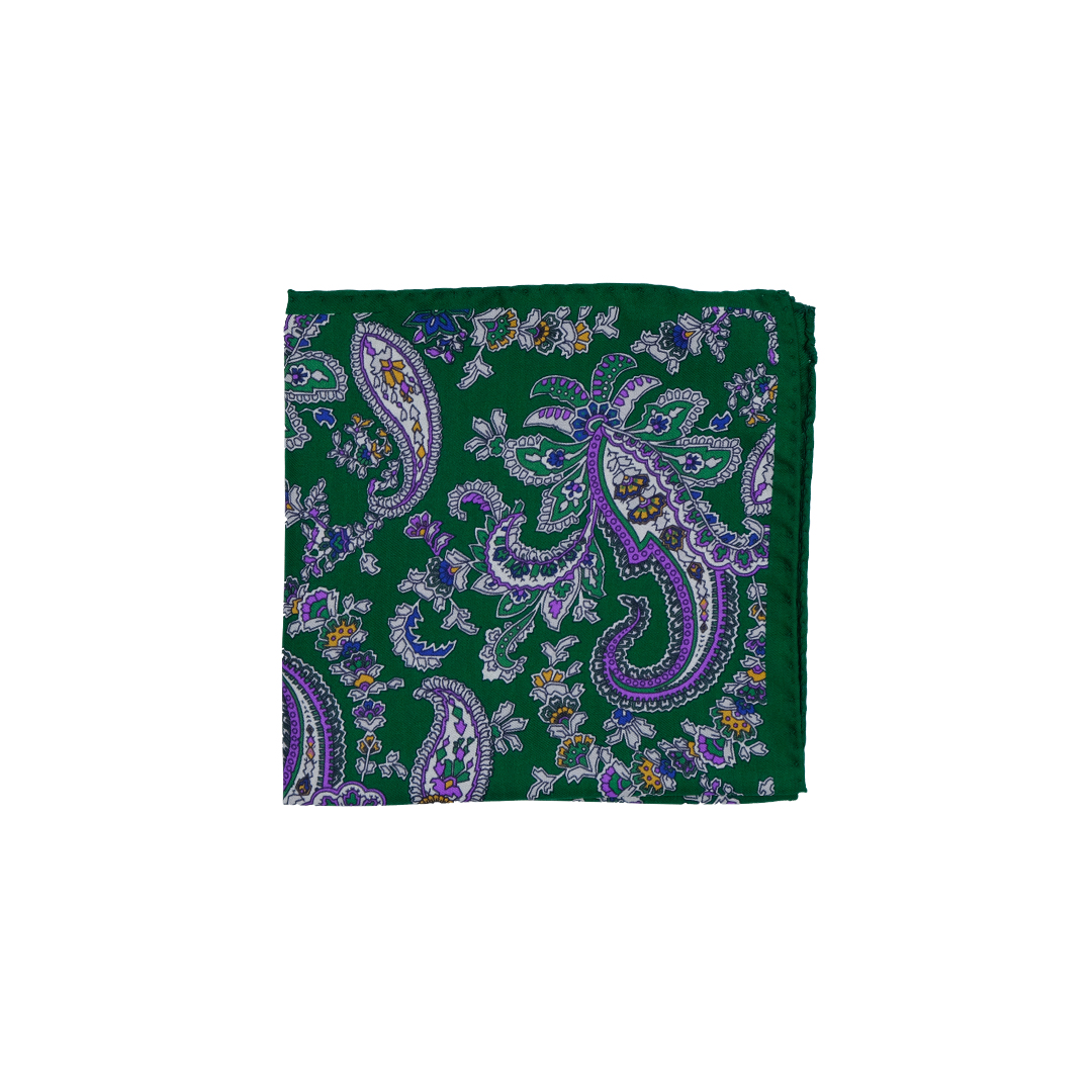 Fazzoletto da taschino in seta twill verde micro fantasia cashmere viola e bianca - immagine 2